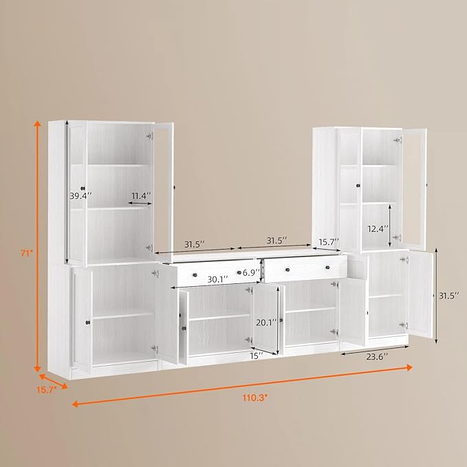 TUSY 71" TV Stand Storage Set - 2 Tall Bookcases & 2 Side Cabinets, Media Console with Glass & Wood Doors, Entertainment Center with Drawers, Tall Media Console for Living Room (Wood, AEEA)