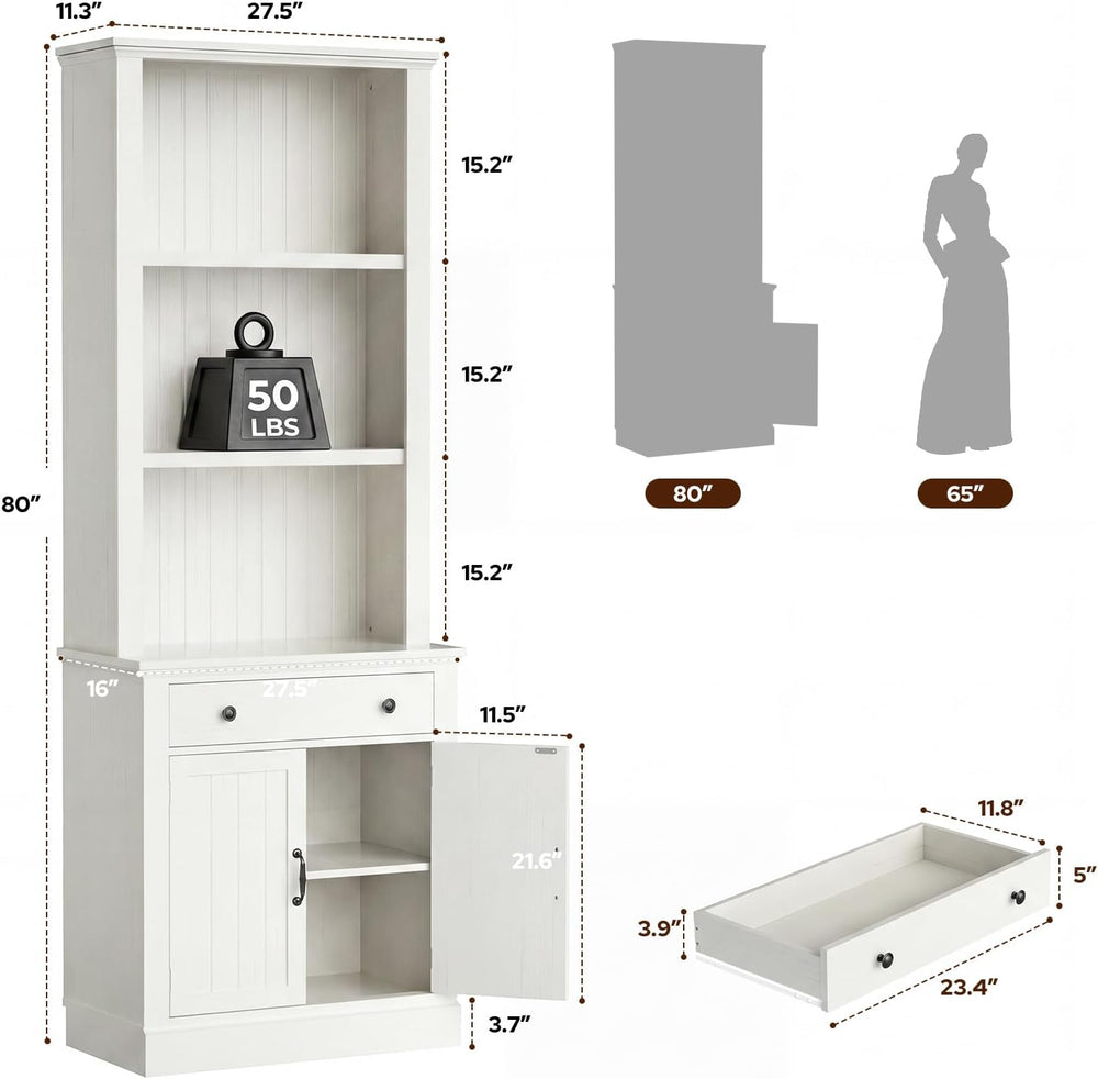 80" Tall Bookshelf Bookcase with Drawer and Doors, Rustic White
