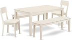 East West Furniture CAAD5C-LWH-LC 5 Piece Kitchen Table Set for 4 Includes a Rectangle Dining Room Table and 2 Faux Leather Dining Chairs with 2 Benches, 36x60 Inch, Linen White