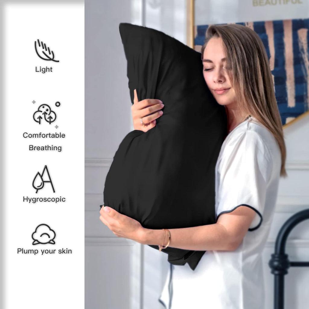 Natural Mulberry Silk Pillowcase for Hair and Skin Queen Size 20"X30" Silk Pillow Case with Hidden Zipper Soft Breathable Smooth Cooling Silk Pillow Covers for Sleeping(Black,Queen,1Pcs)