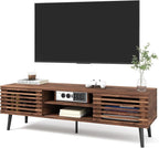 HAIOOU Mid Century Modern TV Stand, 52" Wooden TV Console with Slatted Sliding Doors and Storage for 50/55/60 Inch TV, Small Entertainment Center Media Console Cabinet for Living Room - Walnut Brown