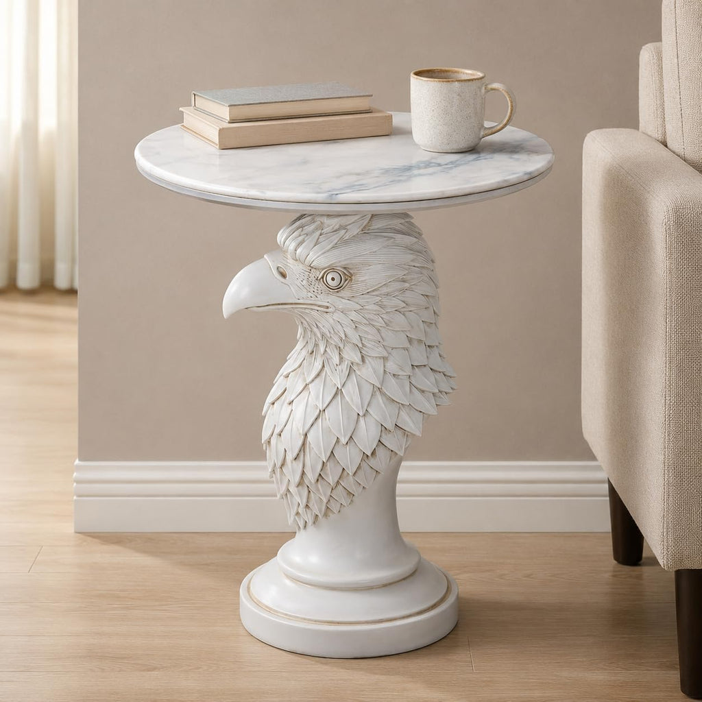 Modern Ivory Eagle Accent Table - 24.41" Minimalist White Resin Eagle Head Pedestal Table with 17.72" Round Faux Marble Top, Unique Animal Art Sculpture Side Table for Chic Home Decor, 24.25 LBS