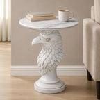 Modern Ivory Eagle Accent Table - 24.41" Minimalist White Resin Eagle Head Pedestal Table with 17.72" Round Faux Marble Top, Unique Animal Art Sculpture Side Table for Chic Home Decor, 24.25 LBS