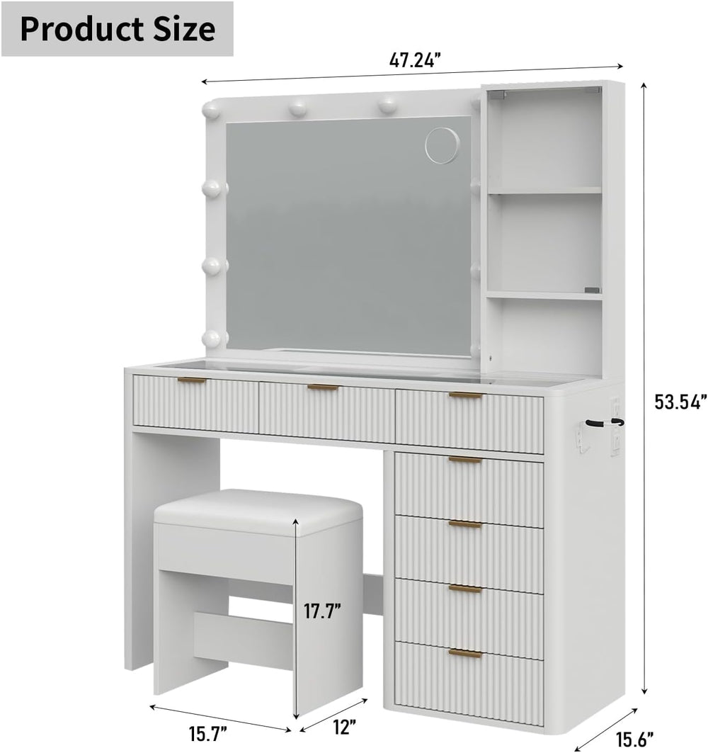 Yanosaku 47" Fluted Vanity Desk with Mirror & LED Lights, 7-Drawer M...