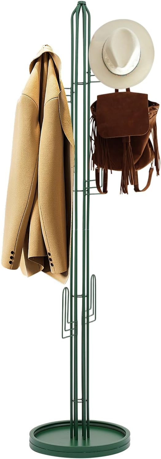 Cactus Coat Rack, 68.9" Tall Freestanding Coat Tree with 6 Hooks, Heavy Duty Green Metal Clothing Stand for Entryway, Bedroom and Office