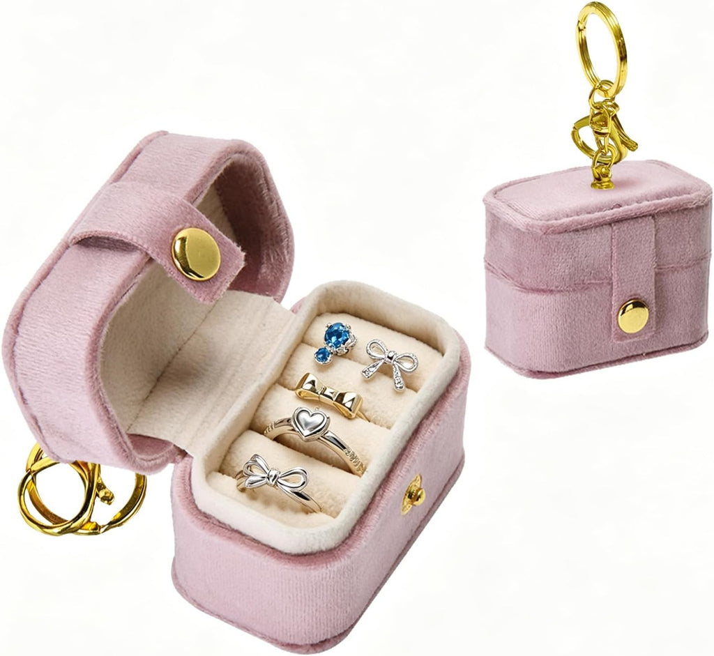 Mini Velvet Ring Box with Keychain Clip, Travel Jewelry Organizer Ring Earrings Storage Box for Proposal Engagement Wedding Ceremony Party, Pet Ring Bearer Accessory, Pink