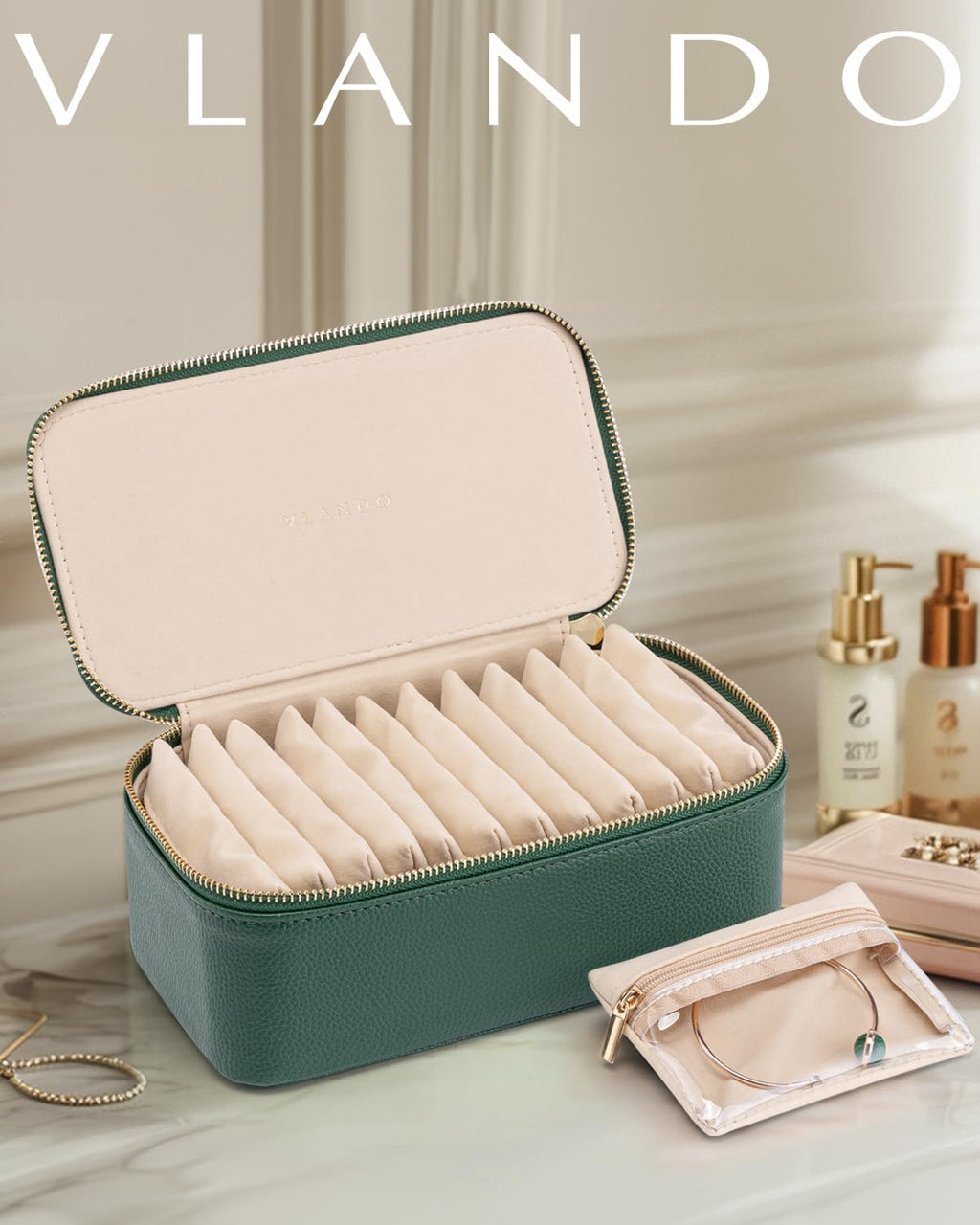 VLANDO Jewelry Travel Case,Travel Jewelry Organizer with Clear Velvet Jewelry Bags Zipper Pouch for Women Girl Gift-Green 12Pcs