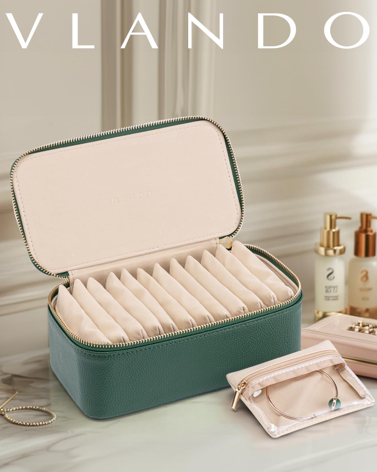 VLANDO Jewelry Travel Case,Travel Jewelry Organizer with Clear Velvet Jewelry Bags Zipper Pouch for Women Girl Gift-Green 12Pcs