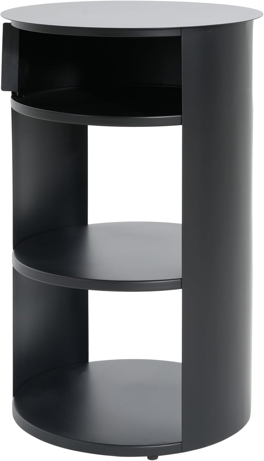 GDFStudio 3-Tier Modern Round Side Table with Sliding Door Storage, Pre-Assem...
