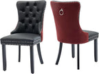Velvet Dining Chairs Set of 2, High-end Tufted Upholstered Dining Chair with Ring Pull and Solid Wood Legs, Modern Dining Room Chairs for Dining Room, Black PU & Burgundy Velvet