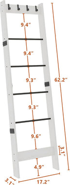 TRIFEBLE 6 Tier Blanket Ladder Shelf for Living Room and Bedroom, Ladder Holder with 4 Metal Hooks, 5.2ft Blanket Quilt Holder Rack, Farmhouse Ladder Rack for Storage and Home Decor, White