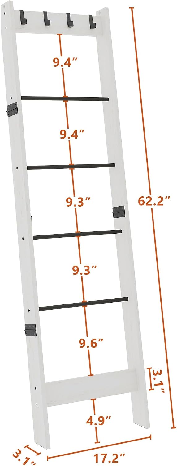 TRIFEBLE 6 Tier Blanket Ladder Shelf for Living Room and Bedroom, Ladder Holder with 4 Metal Hooks, 5.2ft Blanket Quilt Holder Rack, Farmhouse Ladder Rack for Storage and Home Decor, White