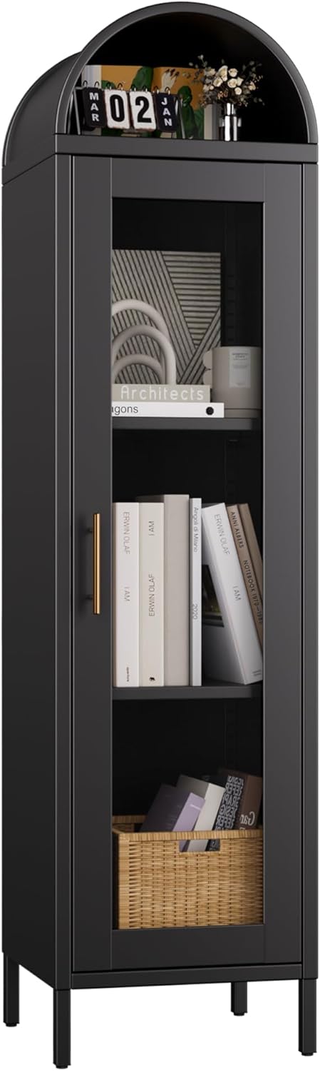 63" H Metal Arched Display Cabinet with 2 Adjustable Shelves, Arch Bookc...