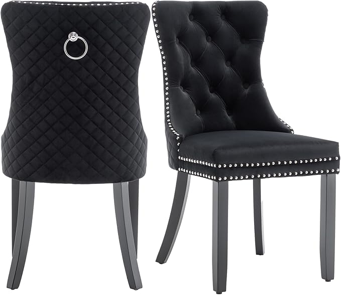 Velvet Dining Chairs Set of 2, Upholstered Dining Room Chairs with Nailhead Trim, Sillas de Comedor Modernas 2, Wooden Kitchen Chairs for Dining Room, Living Room, Kitchen, Bedroom, Black