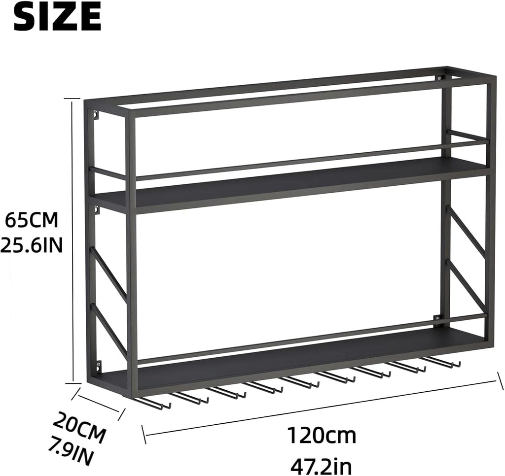 Wall Mounted Wine Rack with Glass Holder，Stylish Mini Floating Bar Shelves for Liquor Bottle Display in Dining Room, Kitchen, Living Room (47.2”W x 26”H x 7.8”D)