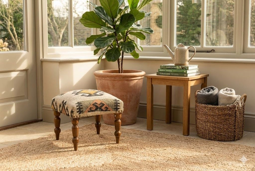Handmade Jute Upholstered Ottoman Stool | Square Foot Rest with Wooden Legs |...