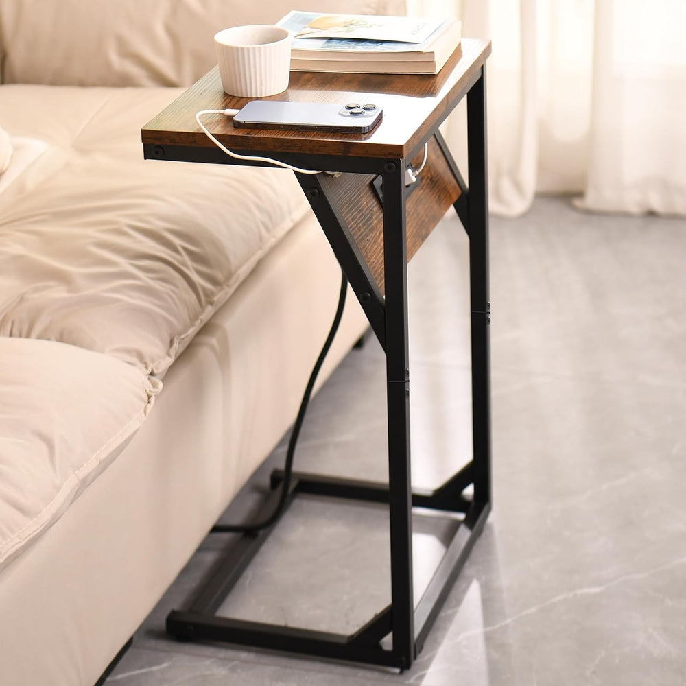 C-Shaped Side Table & End Table, Built-in Power Station (2 AC Outlets, 2 ...