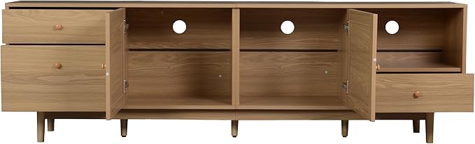 Ball & Cast 76" Boho TV Stand for TVs up to 85", Media Console with Real Rattan Doors, Open Shelf, 3 Drawers & 2 Cabinets, Natural Wood Grain Entertainment Center w/Solid Wood Legs for Living Room