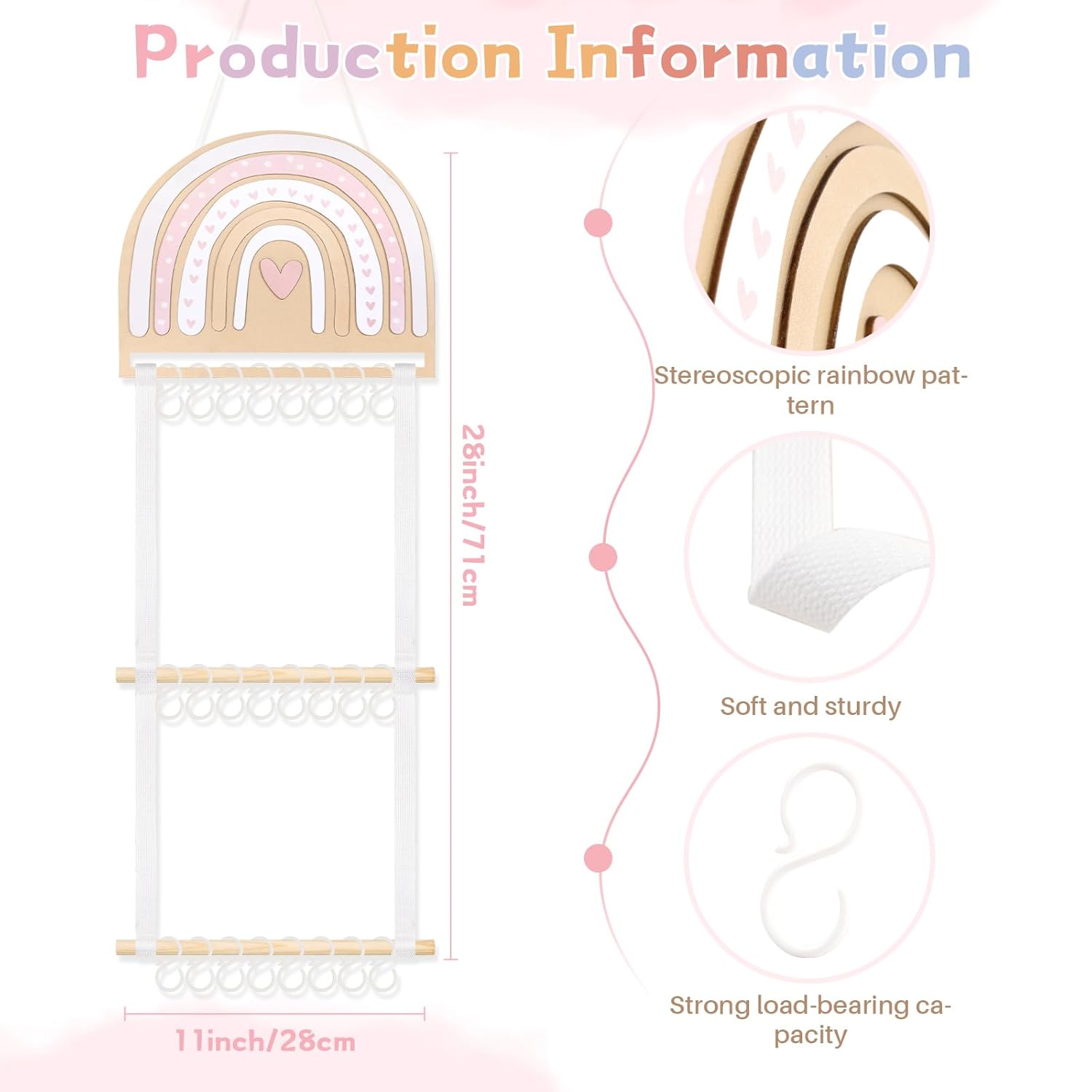 POVETIRE Headband Holder Bow Holder for Girls Hair Bows, Rainbow Hair Accessories Organizer Storage Wall Hanging Display for Baby Girl Nursery