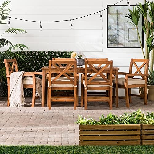 Walker Edison Delray Classic 7 Piece Acacia Wood Outdoor Dining Set with X Ba...