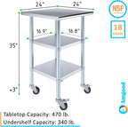AmGood Stainless Steel Work Table with 2 Shelves and Casters | Metal Utility Table On Wheels (Stainless Steel Work Table with 2 Shelves + Casters, 24" Long x 24" Deep)
