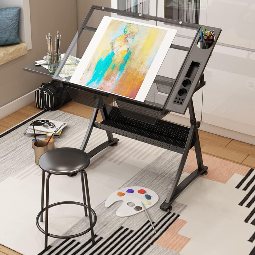 Height Adjustable Professional Drawing Desk, Glass Tabletop,Tiltable Craft Ta...