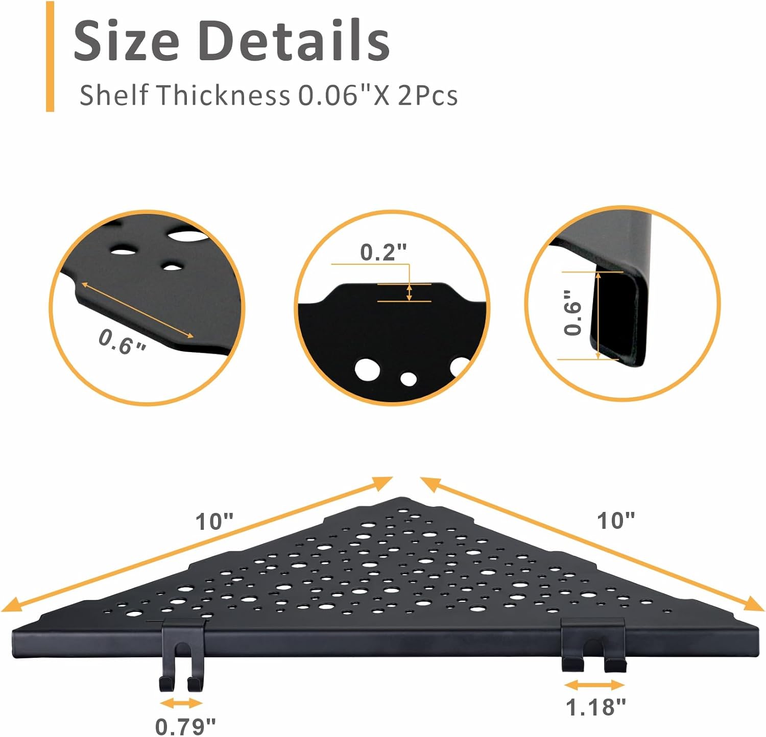 Corner Shower Shelf with 4 Hooks,10 Inch 304 Stainless Steel Recessed Bathroom Shelves,No-Drilling Installation for Tiled Wall,Matte Black, 2-Pack