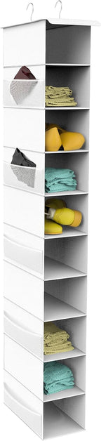 10-Tier Hanging Shoe Organizer with Side Mesh Pockets, White | Hanging Organizer & Storage for Wardrobe,Dorm,Bedroom, Space Saving Shoe Rack Hanger, Foldable Clothes Shelf with Sturdy Hook