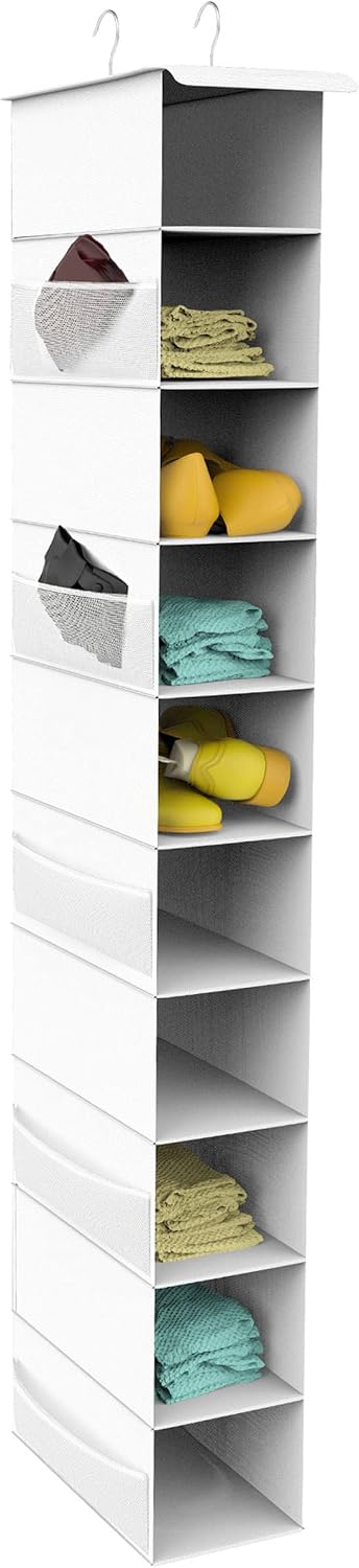 10-Tier Hanging Shoe Organizer with Side Mesh Pockets, White | Hanging Organizer & Storage for Wardrobe,Dorm,Bedroom, Space Saving Shoe Rack Hanger, Foldable Clothes Shelf with Sturdy Hook