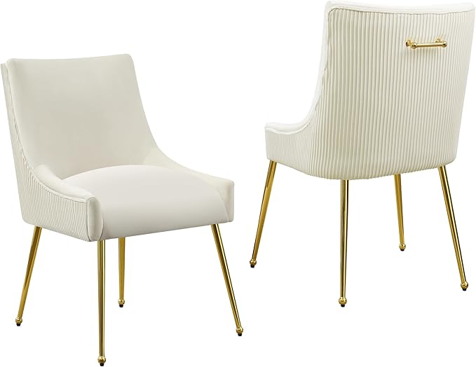 Velvet Dining Chairs Set of 2 Gold Legs,Upholstered Velvet Accent Chairs, Pleated Back Design & Gold Pull Handle, Mid Century Modern Chairs for Dining/Kitchen/Living Room,Beige