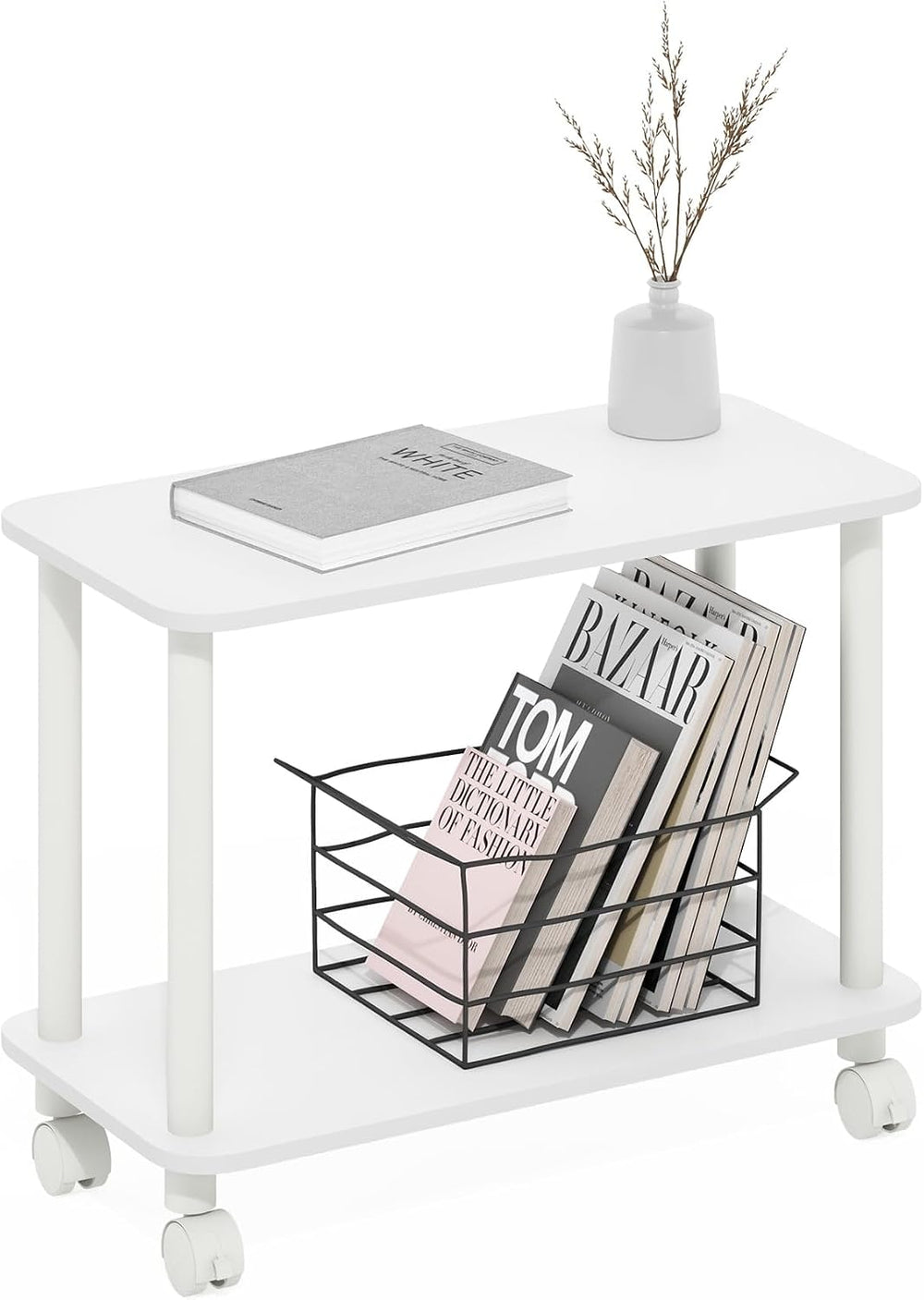 Modern End Table with Wheels 2 Tier Rectangular Side Table with Lockable Cast...