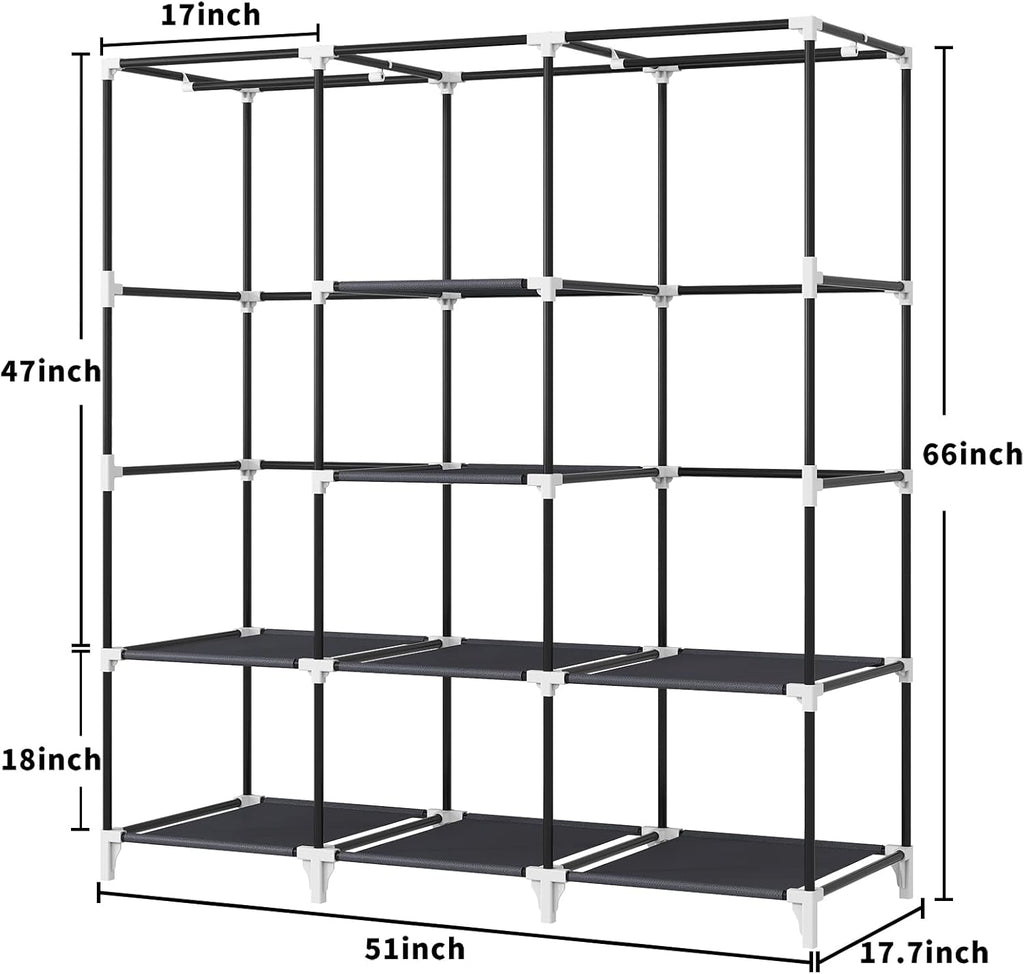 Portable Closet, 51 Inch Wardrobe Closet for Hanging Clothes with 2 Hanging Rods, 8 Storage Organizer Shelves for Bedroom, Durable and Easy to Assemble, Grey