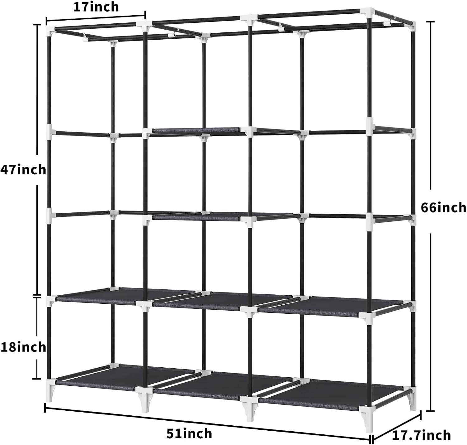 Portable Closet, 51 Inch Wardrobe Closet for Hanging Clothes with 2 Hanging Rods, 8 Storage Organizer Shelves for Bedroom, Durable and Easy to Assemble, Grey