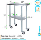 AmGood 30" x 15" Stainless Steel Work Table with Casters | Heavy Duty Metal Utility Table On Wheels | Kitchen Island Cart
