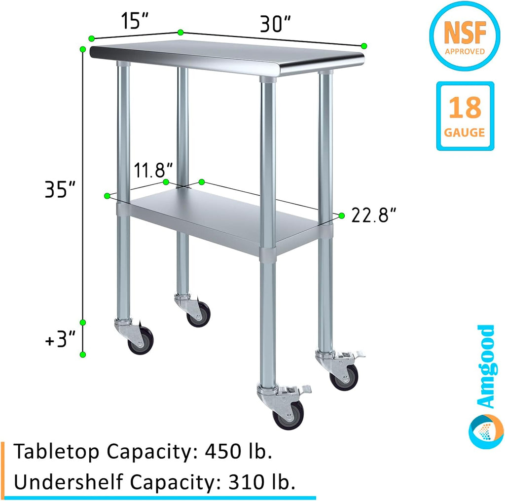 AmGood 15" Long x 30" Deep Stainless Steel Table with Casters
