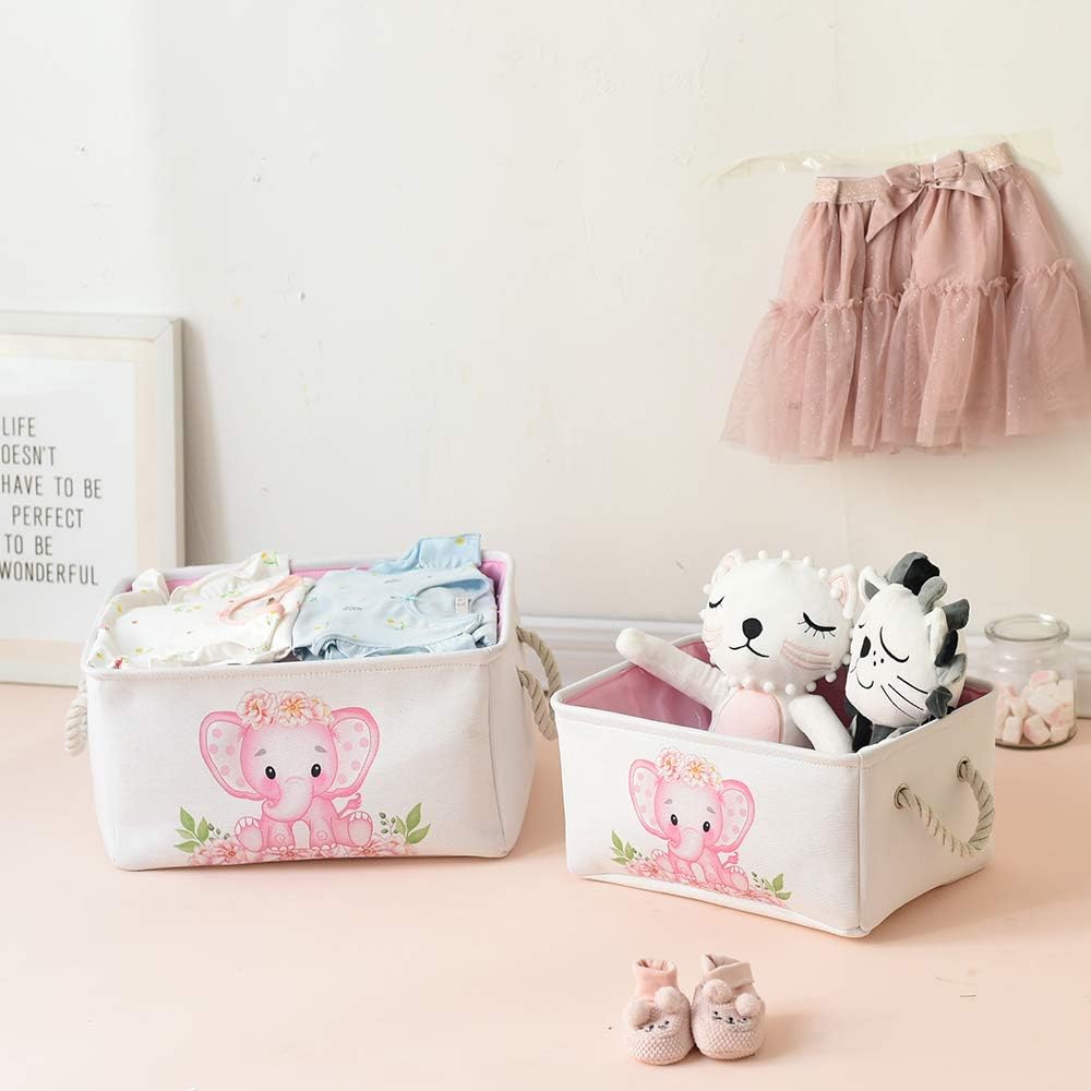 Pink Basket Elephant Storage Bins for Kids, Gift Box for Baby,Collapsible Storage Basket for Toys Clothes,Fabric Laundry Baskets for Baby/Kids/Nursery Room (Medium, Pink Elephant)