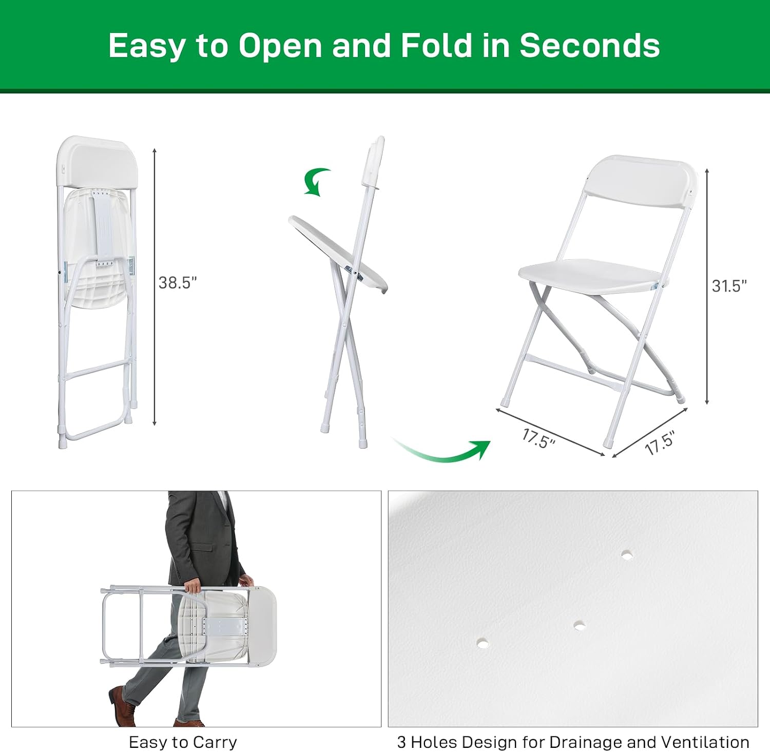 100pcs Folding Chair, Plastic Chairs with 330-Pound Capacity, Easy to Fold and Store Suitable for Indoor & Outdoor, Wedding, Party, Restaurant, Meeting Room, Patio and Garden, White