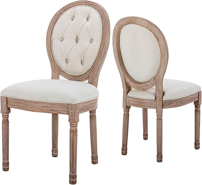 Nrizc French Country Dining Chairs Set of 2, Farmhouse Dining Chairs with Round Button Back, Solid Wood Legs, Oval Side Chairs for Kitchen/Bedroom/Dining Room