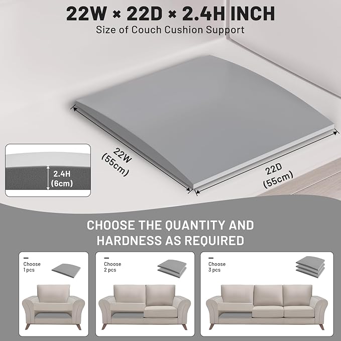 Couch Cushion Support for Sagging Seat – 3 Pack 22x22x2.4 Inch Sofa Cushion Board Saver & Replacement Insert for Saggy Couch or Chair, Quick No-Tool Install with 40D Memory Foam