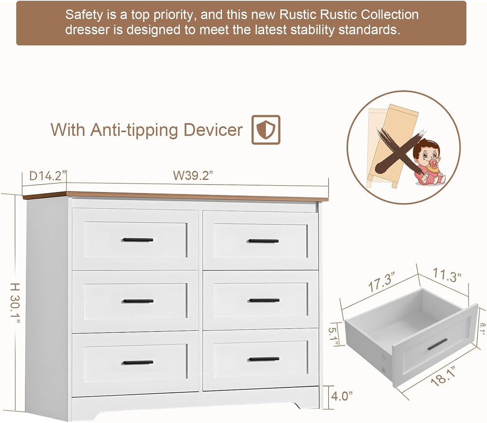 GEPELCN Farmhouse Dresser for Bedroom 6 Drawers Dresser with Power Outlets Ru...