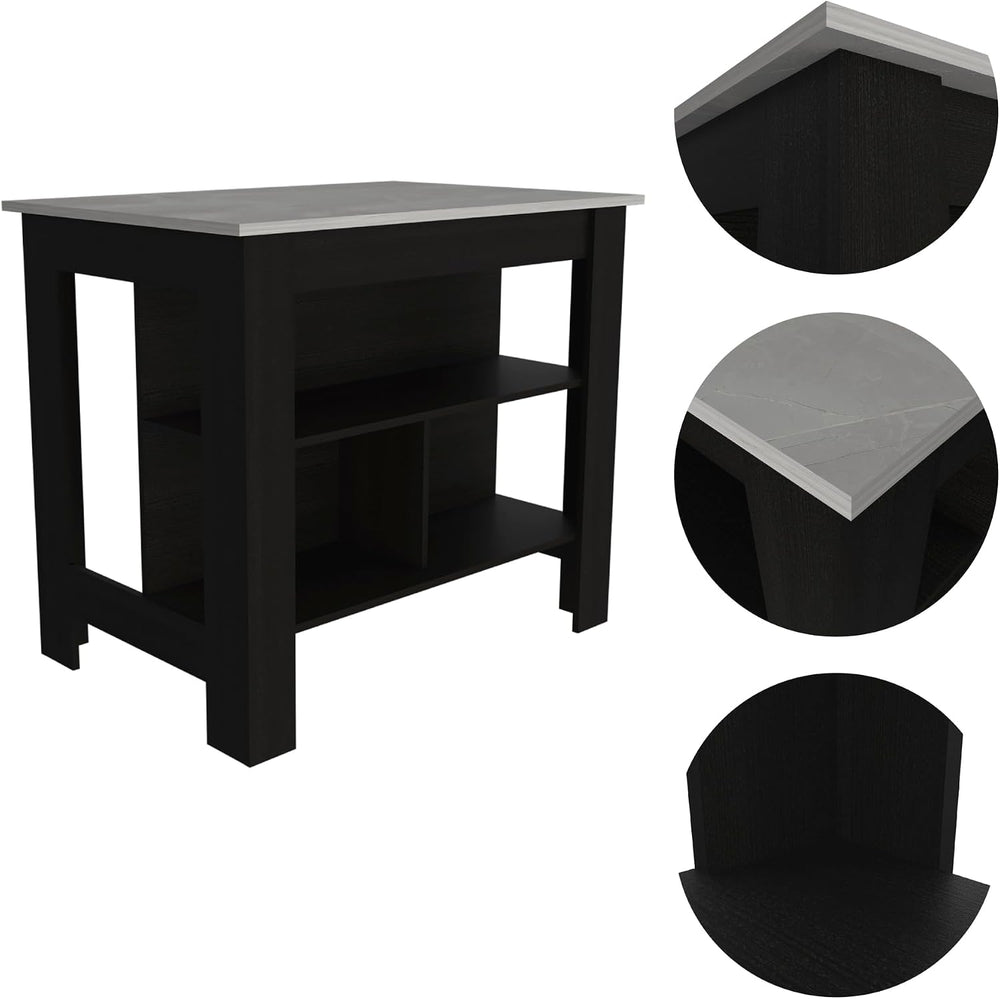 Kitchen Island with Four Legs and Three Shelves - Black/Ibiza Marble | Three ...