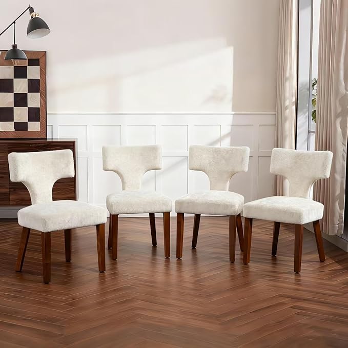 Soft Padded Dining Chairs Set of 4, Modern Farmhouse Upholstered Chairs with Linen Fabric & Rubber Wood Legs, Ergonomic Armless Seats for Dining Room Kitchen Living Room (Beige)