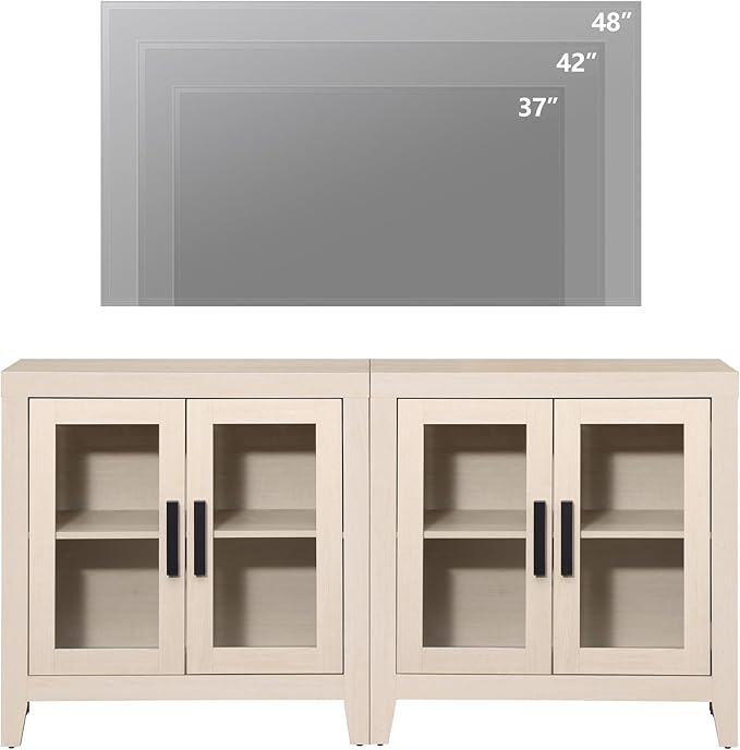 WAMPAT Farmhouse TV Stand for TVs up to 65”, Rustic Wood Entertainment Center with Adjustable Shelf, Glass Doors & Storage, Media Console Cabinet for Living-Room, Bedroom, Beige