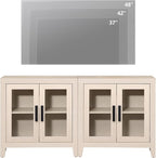 WAMPAT Farmhouse TV Stand for TVs up to 65”, Rustic Wood Entertainment Center with Adjustable Shelf, Glass Doors & Storage, Media Console Cabinet for Living-Room, Bedroom, Beige