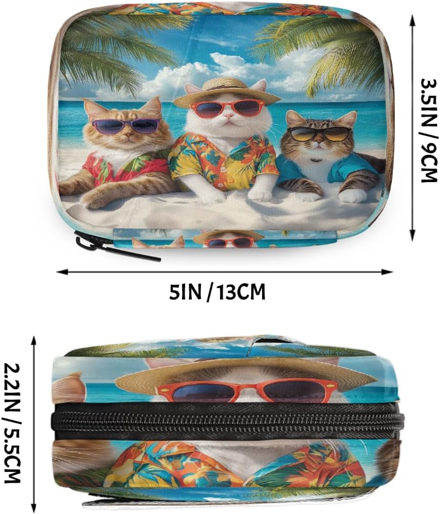 Cool Cats Summer Beach Pill Organizer Travel Medicine Case with Zipper Daily Vitamin Storage Bag Portable 8 Slot Weekly Pill Box Supplement Holder for Home Office Gym Travel