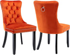 Velvet Dining Chairs Set of 2, Upholstered Dining Room Chairs with Back Ring Pull Trim and Solid Wood Legs,Tufted Wingback Kitchen Chair Perfect for Dining Room,Living Room,Kitchen(Orange)