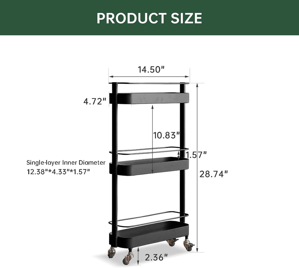 Narrow 3 Tier Rolling Cart, Slim Storage Cart for Bathroom Kitchen