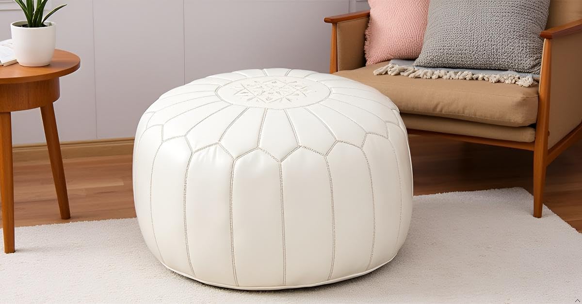 Mina Unstuffed Moroccan Leather Pouf Ottoman, 20" Diameter and 13" Height (Unstuffed White)