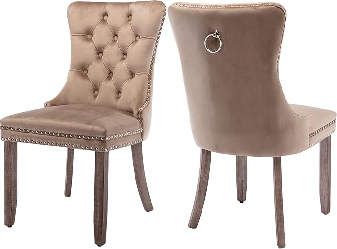 Velvet Dining Chairs Set of 2, Tufted Upholstered Dining Room Chairs with Back Ring Pull, Nailhead Trim and Solid Wood Legs, Modern Dining Chairs for Dining Room, Kitchen(Khaki)