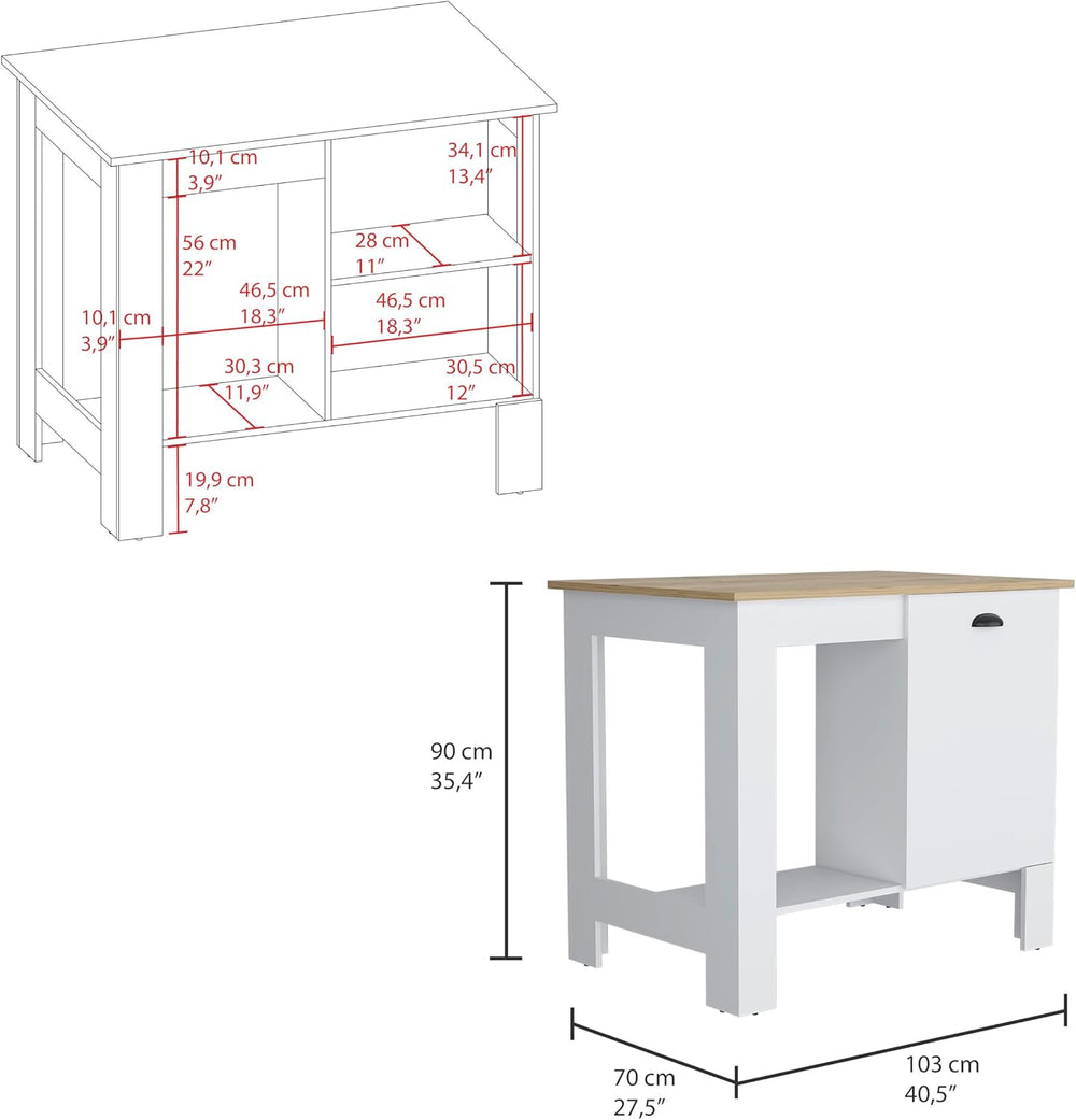 Modern White and Macadamia Kitchen Island with Single Door Cabinet Storage Sh...